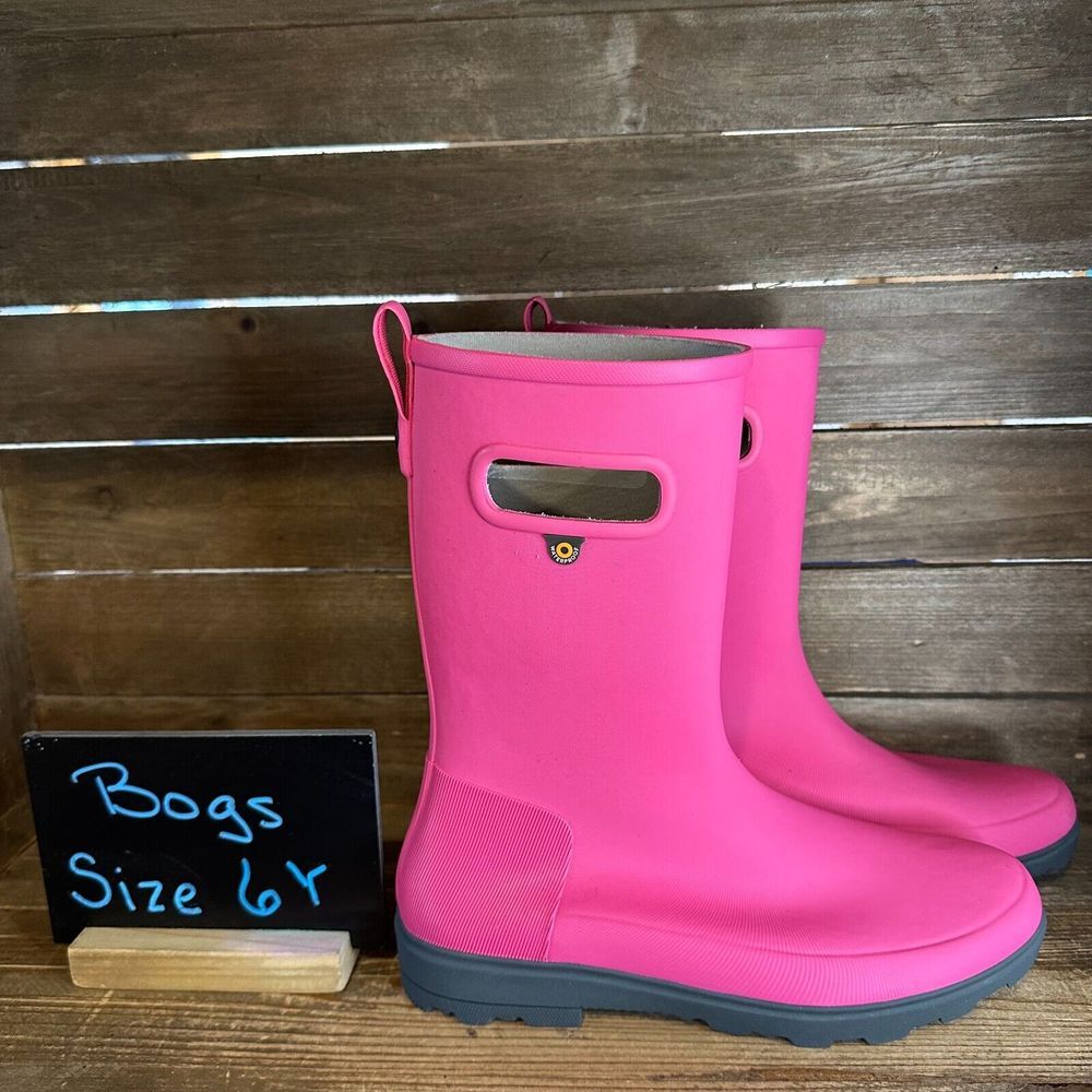 New‎ NWOB Big Kids Childrens Bogs Holly Jr Tall Pink Rubber Rain Boots Size 6 Y